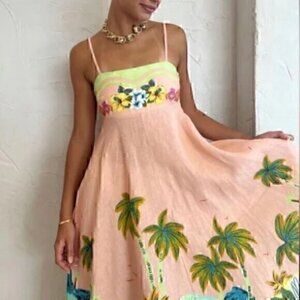 Floral Color block Mermaid Tropical Beach Parardise Midi Dress XL